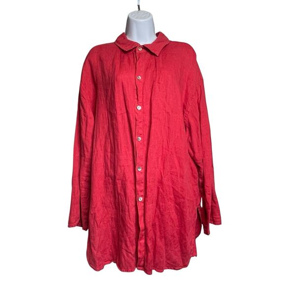 Chico's Women's Coral Pink Linen Tunic Long Button Up Blouse Size 3 XL‎ Coastal - Picture 1 of 10